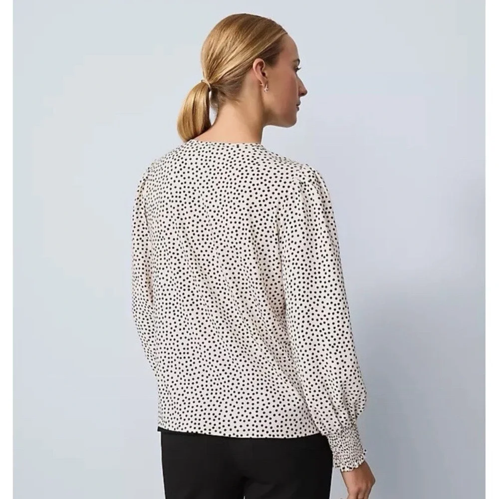 Ann Taylor Tan Black Leopard Print Button Popover Blouse Long Sleeve Top Large